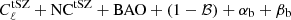 Mathematical equation: $ C_{\ell}^{\mathrm{tSZ}} + \mathrm{NC}^{\mathrm{tSZ}} + \mathrm{BAO} + (1-\mathcal{B}) + \alpha_{\mathrm{b}} + \beta_{\mathrm{b}} $