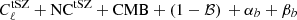Mathematical equation: $ C_{\ell}^{\mathrm{tSZ}} + \mathrm{NC}^{\mathrm{tSZ}} + \mathrm{CMB} + (1-\mathcal{B}) \, + \alpha_b + \beta_b $
