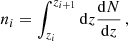 Mathematical equation: $$ \begin{aligned} n_i = \int _{z_i}^{z_{i+1}} \mathrm{d}z \dfrac{\mathrm{d}N}{\mathrm{d}z}\, , \end{aligned} $$