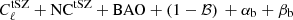 Mathematical equation: $ C_{\ell}^{\mathrm{tSZ}} + \mathrm{NC}^{\mathrm{tSZ}} + \mathrm{BAO} + (1-\mathcal{B}) \, + \alpha_{\mathrm{b}} + \beta_{\mathrm{b}} $