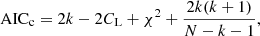 Mathematical equation: $$ \begin{aligned} \mathrm{AIC}_{\rm c} = 2k - 2C_{\rm L} + \chi ^2 + \frac{2k(k+1)}{N-k-1} ,\end{aligned} $$