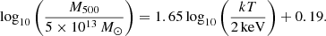 Mathematical equation: $$ \begin{aligned} \log _{10}\Bigg (\frac{M_{500}}{5\times 10^{13}\,{M}_\odot }\Bigg )=1.65\log _{10}\Bigg (\frac{kT}{2\,\mathrm{keV} }\Bigg )+0.19. \end{aligned} $$
