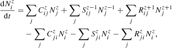 Mathematical equation: $$ \begin{aligned} \frac{\mathrm{d}N^{z}_{i}}{\mathrm{d}t} =&\sum _{j}C^{z}_{ij}N^{z}_{j} + \sum _{j}S^{z-1}_{ij}N^{z-1}_{j} + \sum _{j}R^{z+1}_{ij}N^{z+1}_{j}\nonumber \\&- \sum _{j}C^{z}_{ji}N^{z}_{i} - \sum _{j}S^{z}_{ji}N^{z}_{i} - \sum _{j}R^{z}_{ji}N^{z}_{i} , \end{aligned} $$
