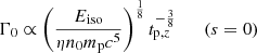Mathematical equation: $$ \begin{aligned} \Gamma _{0} \propto \left(\frac{E_\mathrm{iso} }{\eta n_0 m_{\rm p}c^{5}}\right)^{\frac{1}{8}} t_{\mathrm{p}, z}^{-\frac{3}{8}} \qquad (s=0) \end{aligned} $$