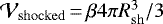 Mathematical equation: $\mathcal{V}_{\mathrm{shocked}}\,{=}\,\beta4 \pi R_{\mathrm{sh}}^3/3$