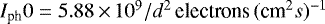 Mathematical equation: $I_{\textrm{ph}}0 = 5.88{\,\times\,} 10^9 {/} d^2\, \textrm{electrons}\,(\textrm{cm}^2 s)^{-1}$