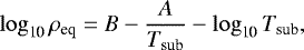 Mathematical equation: \begin{equation*} \log_{\textrm{10}} \rho_{\textrm{eq}} = B - \frac{A}{T_{\textrm{sub}}} - \log_{\textrm{10}} T_{\textrm{sub}} , \end{equation*}