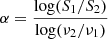 Mathematical equation: $ \alpha = \frac{\log(S_1/S_2)}{\log(\nu_2/\nu_1)} $