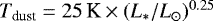 Mathematical equation: $T_{\textrm{dust}}=25\,\textrm{K}\times(L_{*}/L_{\odot})^{0.25}$