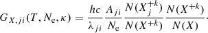 Mathematical equation: $$ \begin{aligned} G_{X,ji}(T,N_\mathrm{e} ,\kappa ) = \frac{hc}{\lambda _{ji}} \frac{A_{ji}}{N_\mathrm{e} } \frac{N(X_j^{+k})}{N(X^{+k})} \frac{N(X^{+k})}{N(X)}\cdot \end{aligned} $$