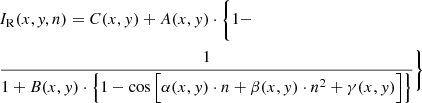 Mathematical equation: $$ \begin{aligned}&I_{\rm R}(x,\textit{y},n) = C(x,{ y}) + A(x,{ y}) \cdot \Bigg \{ 1 - \nonumber \\&\frac{1}{1 + B(x,{ y}) \cdot \Big \{ 1 - \cos \Big [ \alpha (x,{ y}) \cdot n + \beta (x,{ y}) \cdot n^2 + \gamma (x,{ y}) \Big ] \Big \} } \Bigg \} \end{aligned} $$