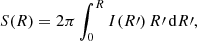 Mathematical equation: $$ \begin{aligned} S(R) = 2\pi \int _0^R I(R\prime )\,R\prime \,{\mathrm{d}}R\prime , \end{aligned} $$