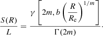 Mathematical equation: $$ \begin{aligned} \frac{S(R)}{L} = \frac{\gamma \left[2m,b\left(\dfrac{R}{R_{\mathrm{e}}}\right)^{1/m}\right]}{\Gamma (2m)}\cdot \end{aligned} $$