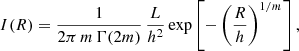 Mathematical equation: $$ \begin{aligned} I(R) = \frac{1}{2\pi \,m\,\Gamma (2m)}\,\frac{L}{h^2}\exp \left[-\left(\frac{R}{h}\right)^{1/m}\right], \end{aligned} $$