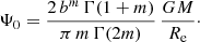 Mathematical equation: $$ \begin{aligned} \Psi _0 = \frac{2\,b^m\,\Gamma (1+m)}{\pi \,m\,\Gamma (2m)}\,\frac{GM}{R_{\mathrm{e}}}\cdot \end{aligned} $$