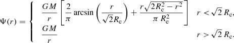 Mathematical equation: $$ \begin{aligned} \Psi (r) = {\left\{ \begin{array}{ll} \;\dfrac{GM}{r} \left[\dfrac{2}{\pi } \arcsin \left(\dfrac{r}{\sqrt{2}R_{\mathrm{e}}}\right) + \dfrac{r \sqrt{2R_{\mathrm{e}}^2-r^2}}{\pi \,R_{\mathrm{e}}^2}\right]&r<\!\sqrt{2}\,R_{\mathrm{e}} ,\\ \;\dfrac{GM}{r}&r>\!\sqrt{2}\,R_{\mathrm{e}}. \end{array}\right.} \end{aligned} $$