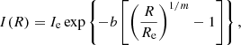 Mathematical equation: $$ \begin{aligned} I(R) = I_{\mathrm{e}} \exp \left\{ -b\left[\left(\frac{R}{R_{\mathrm{e}}}\right)^{1/m}-1\right]\right\} , \end{aligned} $$