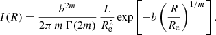 Mathematical equation: $$ \begin{aligned} I(R) = \frac{b^{2m}}{2\pi \,m\,\Gamma (2m)}\,\frac{L}{R_{\mathrm{e}}^2}\exp \left[-b\left(\frac{R}{R_{\mathrm{e}}}\right)^{1/m}\right]. \end{aligned} $$