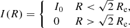 Mathematical equation: $$ \begin{aligned} I(R) = {\left\{ \begin{array}{ll} \;I_0&R< \sqrt{2}\,R_{\mathrm{e}}, \\ \;0&R> \sqrt{2}\,R_{\mathrm{e}}. \end{array}\right.} \end{aligned} $$