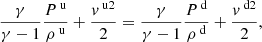 Mathematical equation: $$ \begin{aligned}&\frac{\gamma }{\gamma -1} \frac{P^{\text{ u}}}{\rho ^{\text{ u}}} + \frac{v^{\text{ u}2}}{2} = \frac{\gamma }{\gamma -1} \frac{P^{\text{ d}}}{\rho ^{\text{ d}}} + \frac{v^{\text{ d}2}}{2}, \end{aligned} $$