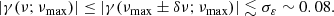 Mathematical equation: $$ \begin{aligned} \left| \gamma (\nu ;\nu _{\rm max})\right| \le \left|\gamma (\nu _{\rm max}\pm \delta \nu ;\nu _{\rm max})\right| \lesssim \sigma _{\varepsilon } \sim 0.08 . \end{aligned} $$