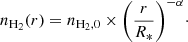 Mathematical equation: $$ \begin{aligned} n_{\rm H_2} (r) = n_{\rm H_2, 0}\times \bigg ({{r}\over {R_{\rm *}}}\bigg )^{-\alpha }\cdot \end{aligned} $$