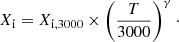 Mathematical equation: $$ \begin{aligned} X_{\rm i} = X_{\rm i,3000}\times \left({{T}\over {3000}}\right)^{\gamma }\cdot \end{aligned} $$