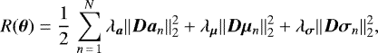 Mathematical equation: \begin{equation*}R({\bm{\theta}}) = \frac{1}{2} \, \sum_{n\,=\,1}^N \lambda_{\bm{a}} \|\bm{D}\bm{a}_n\|_2^2 + \lambda_{{\bm{\mu}}} \|\bm{D}{\bm{\mu}}_n\|_2^2 + \lambda_{{\bm{\sigma}}} \|\bm{D}{\bm{\sigma}}_n\|_2^2 ,\end{equation*}