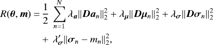 Mathematical equation: \begin{align*}R({\bm{\theta}},\bm{m}) =&\, \frac{1}{2} \, \sum_{n=1}^N \lambda_{\bm{a}} \|\bm{D}\bm{a}_n\|_2^2 + \lambda_{{\bm{\mu}}} \|\bm{D}{\bm{\mu}}_n\|_2^2 + \lambda_{{\bm{\sigma}}} \|\bm{D}{\bm{\sigma}}_n\|_2^2 \notag \\ & +\, \lambda'_{{\bm{\sigma}}} \|{\bm{\sigma}}_n - m_n\|_2^2, \end{align*}