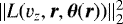 Mathematical equation: $\|L(v_z, \bm{r}, {\bm{\theta}}(\bm{r}))\|_2^2$