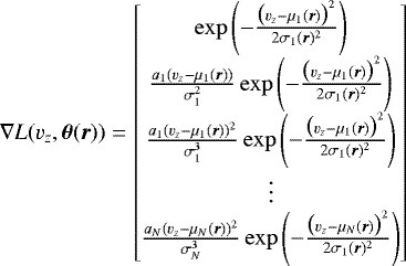Mathematical equation: \begin{align*} \nabla L(v_z, {\bm{\theta}}(\bm{r})) = \begin{bmatrix} \exp \left(- \frac{\big(v_z - \mu_1(\bm{r})\big)^2}{2 \sigma_1(\bm{r})^2} \right) \\ \frac{a_1 (v_z - \mu_1(\bm{r}))}{\sigma_1^2} \exp \left(- \frac{\big(v_z - \mu_1(\bm{r})\big)^2}{2 \sigma_1(\bm{r})^2} \right) \\ \frac{a_1 (v_z - \mu_1(\bm{r}))^2}{\sigma_1^3} \exp \left(- \frac{\big(v_z - \mu_1(\bm{r})\big)^2}{2 \sigma_1(\bm{r})^2} \right) \\ \vdots \\ \frac{a_N (v_z - \mu_N(\bm{r}))^2}{\sigma_N^3} \exp \left(- \frac{\big(v_z - \mu_N(\bm{r})\big)^2}{2 \sigma_1(\bm{r})^2} \right) \end{bmatrix} \end{align*}