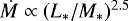 Mathematical equation: $\dot{M}\propto (L_*/M_*)^{2.5}$