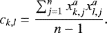 Mathematical equation: \begin{equation*} c_{k,l} = \frac{\sum^n_{j=1} x^{a}_{k,j} x^{a}_{l,j}}{n-1}. \end{equation*}