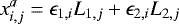 Mathematical equation: \begin{equation*} x^a_{i,j} = \epsilon_{1,i} L_{1,j} + \epsilon_{2,i} L_{2,j} \end{equation*}