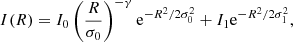 Mathematical equation: $$ \begin{aligned} I(R) = I_0 \left(\frac{R}{\sigma _0}\right)^{-\gamma }\mathrm{e}^{-R^2/2\sigma _0^2}+I_1\mathrm{e}^{-R^2/2\sigma _1^2}, \end{aligned} $$
