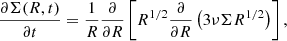 Mathematical equation: $$ \begin{aligned} \frac{\partial \Sigma (R,t)}{\partial t} = \frac{1}{R}\frac{\partial }{\partial R} \left[ R^{1/2} \frac{\partial }{\partial R} \left( 3\nu \Sigma R^{1/2} \right) \right], \end{aligned} $$