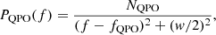 Mathematical equation: $$ \begin{aligned} P_{\mathrm{QPO}}(f) = \frac{N_{\rm QPO}}{(f-f_{\mathrm{QPO}})^2+({ w}/2)^2}, \end{aligned} $$