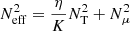 Mathematical equation: $ N^2_{\mathrm{eff}}= \frac{\eta}{K} N_{\mathrm{T}}^2 + N_{\mu}^2 $