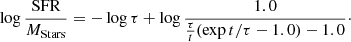 Mathematical equation: $$ \begin{aligned} \log {\frac{\mathrm{SFR} }{M_{\mathrm{Stars} }}}=-\log {\tau }+\log {\frac{1.0}{\frac{\tau }{t}(\exp {t/\tau }-1.0)-1.0}\cdot } \end{aligned} $$