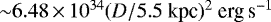 Mathematical equation: ${\sim}6.48\,{\times}\,10^{34} (D/5.5 \ \textrm{kpc})^2 \ \textrm{erg\,s}^{-1}$