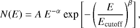 Mathematical equation: \begin{equation*} N(E) = A~E^{-\alpha}~\textrm{exp}\left[-\left(\frac{E}{E_{\textrm{cutoff}}}\right)^{\beta}\right],\end{equation*}