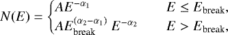 Mathematical equation: \begin{equation*} N(E) = \begin{cases} AE^{-\alpha_{\textrm{1}}} & \quad E\leq E_{\textrm{break}},\\ A E_{\textrm{break}}^{(\alpha_{2}-\alpha_{1})}~E^{-\alpha_{2}} & \quad E>E_{\textrm{break}},\\ \end{cases}\end{equation*}