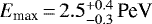Mathematical equation: $E_{\textrm{max}}\,{=}\,2.5^{+0.4}_{-0.3}\,\textrm{PeV}$