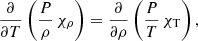 Mathematical equation: $$ \begin{aligned} \frac{\partial }{\partial T}\left( \frac{P}{\rho }\,{{\chi }_{\rho }} \right)=\frac{\partial }{\partial \rho }\left( \frac{P}{T}\,{{\chi }_{\rm T}} \right), \end{aligned} $$