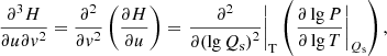 Mathematical equation: $$ \begin{aligned} \frac{{{\partial }^{3}}H}{\partial u\partial {{v}^{2}}}=\frac{{{\partial }^{2}}}{\partial {{v}^{2}}}\left( \frac{\partial H}{\partial u} \right)={{\left. \frac{{{\partial }^{2}}}{\partial {{(\lg {{Q}_{\rm s}})}^{2}}} \right|}_{\rm T}}\left( {{\left. \frac{\partial \lg P}{\partial \lg T} \right|}_{{{Q}_{\rm s}}}} \right), \end{aligned} $$
