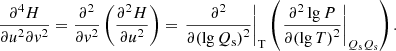 Mathematical equation: $$ \begin{aligned} \frac{{{\partial }^{4}}H}{\partial {{u}^{2}}\partial {{v}^{2}}}=\frac{{{\partial }^{2}}}{\partial {{v}^{2}}}\left( \frac{{{\partial }^{2}}H}{\partial {{u}^{2}}} \right)={{\left. \frac{{{\partial }^{2}}}{\partial {{(\lg {{Q}_{\rm s}})}^{2}}} \right|}_{\rm T}}\left( {{\left. \frac{{{\partial }^{2}}\lg P}{\partial {{(\lg T)}^{2}}} \right|}_{{{Q}_{\rm s}}{{Q}_{\rm s}}}} \right). \end{aligned} $$