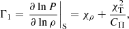 Mathematical equation: $$ \begin{aligned} {{\Gamma }_{1}}={{\left. \frac{\partial \ln P}{\partial \ln \rho } \right|}_{\rm S}}={{\chi }_{\rho }}+\frac{\chi _{\rm T}^{2}}{{{C}_{\Pi }}}, \end{aligned} $$
