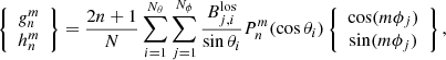 Mathematical equation: $$ \begin{aligned} \left\{ \begin{array}{cc} {{ g}}^{m}_{n} \\ h^{m}_{n} \end{array} \right\} = \frac{2n+1}{N} \sum ^{N_\theta }_{i = 1} \sum ^{N_\phi }_{j = 1} \frac{B^\mathrm{los}_{j,i}}{\sin \theta _i} P^{m}_{n}(\cos \theta _i) \left\{ \begin{array}{cc} \cos (m \phi _j) \\ \sin (m \phi _j) \end{array} \right\} , \end{aligned} $$