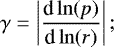 Mathematical equation: \begin{equation*} \gamma=\left| \frac{\textrm{d} \ln(p)}{\textrm{d} \ln(r)} \right| ;\end{equation*}