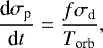 Mathematical equation: \begin{equation*}\frac{\textrm{d}\sigma_{\textrm{p}}}{\textrm{d}t}=\frac{f\sigma_{\textrm{d}}}{T_{\textrm{orb}}} ,\end{equation*}